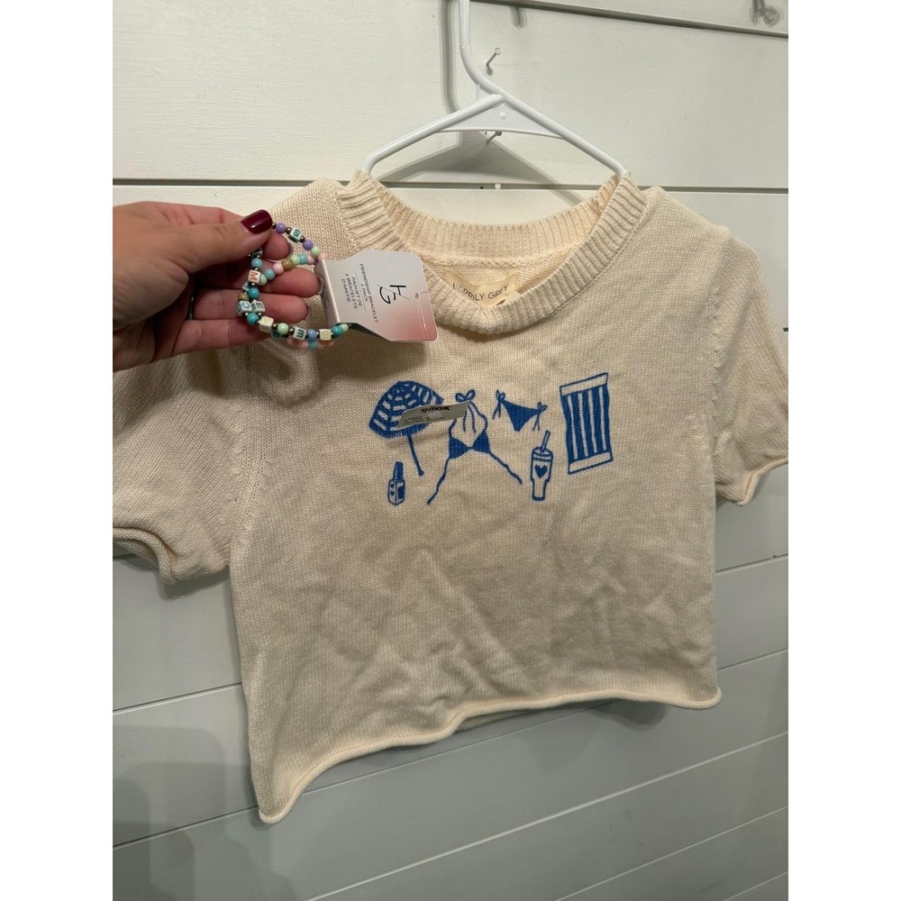 NWT‎ Happily GREY Womens Size LG Cream Blue Beach Graphic Short Sleeve Knit Top